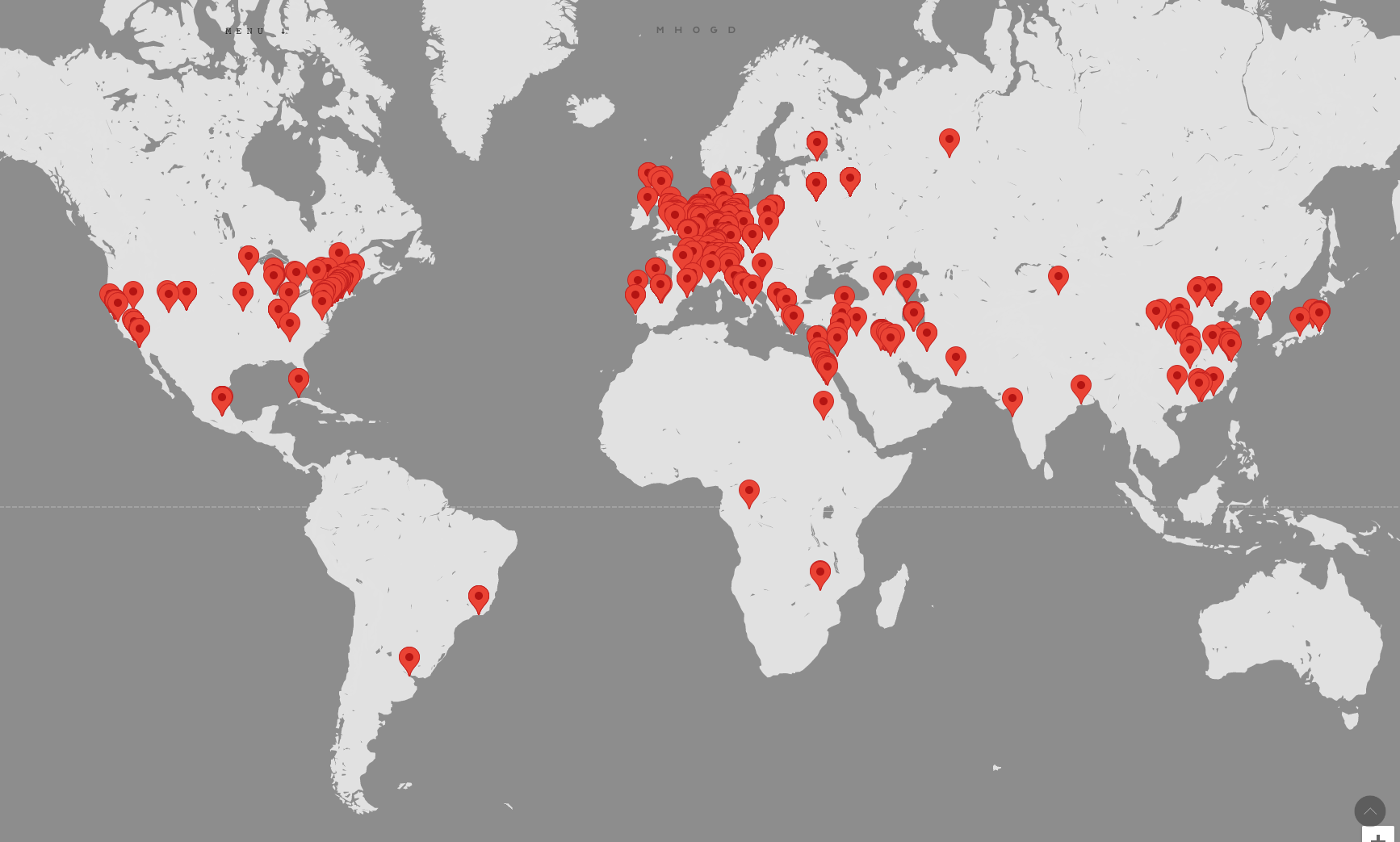 world map with pins densely placed over Europe and loosely populated elsewhere