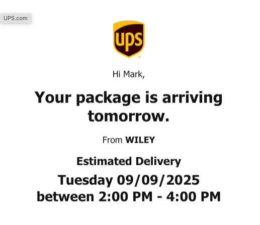 UPS delivery notification from Wiley for Tuesday, 9/9/2025